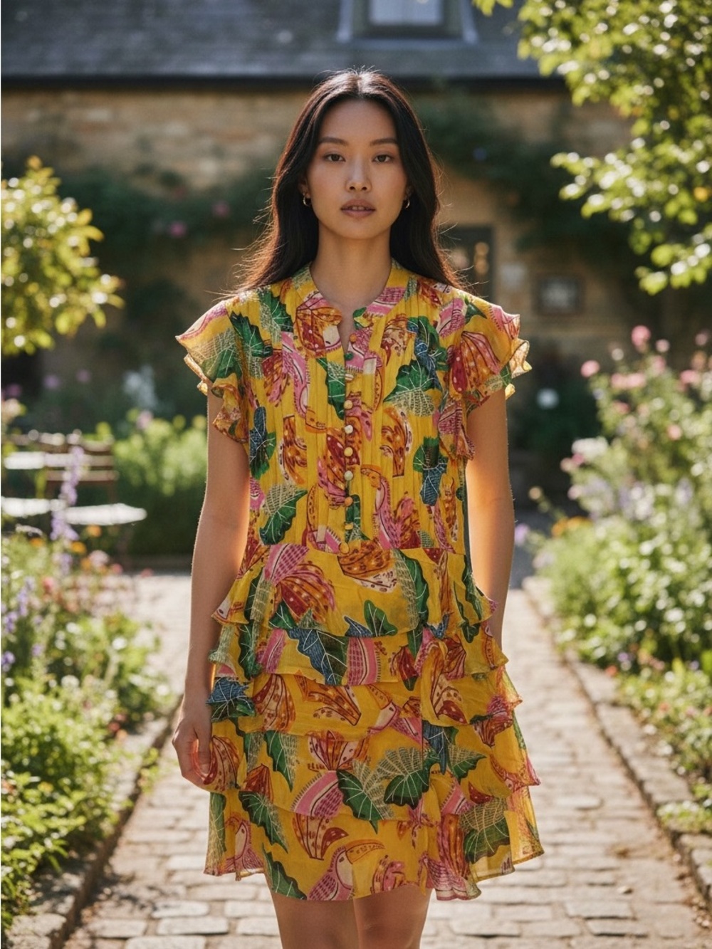 FARM Rio Yellow Tropical Leaf Tiered Ruffle Midi Dress